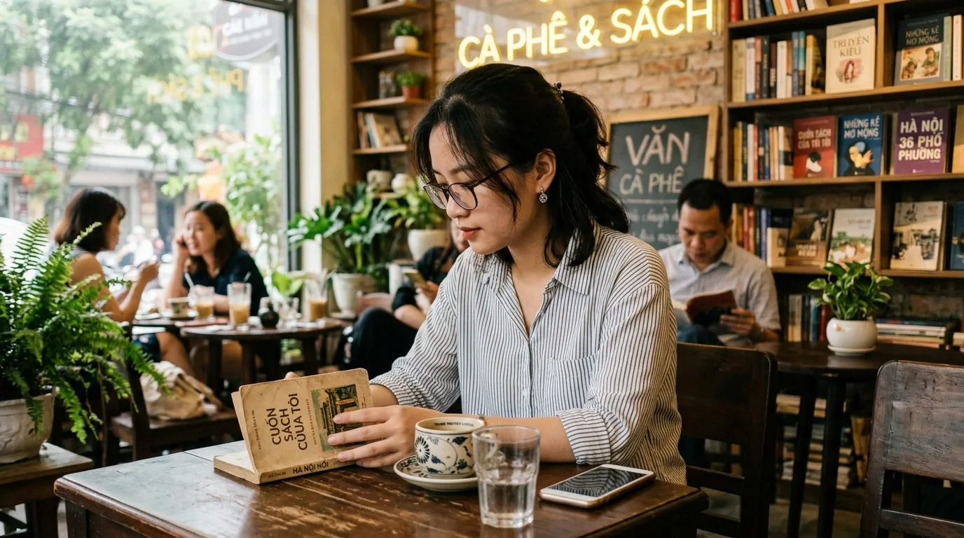 Jeune femme lisant dans un café-librairie avec plantes et étagères