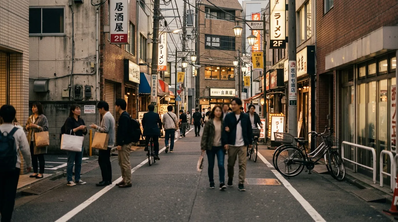 Rue japonaise animée avec restaurants et passants en soirée