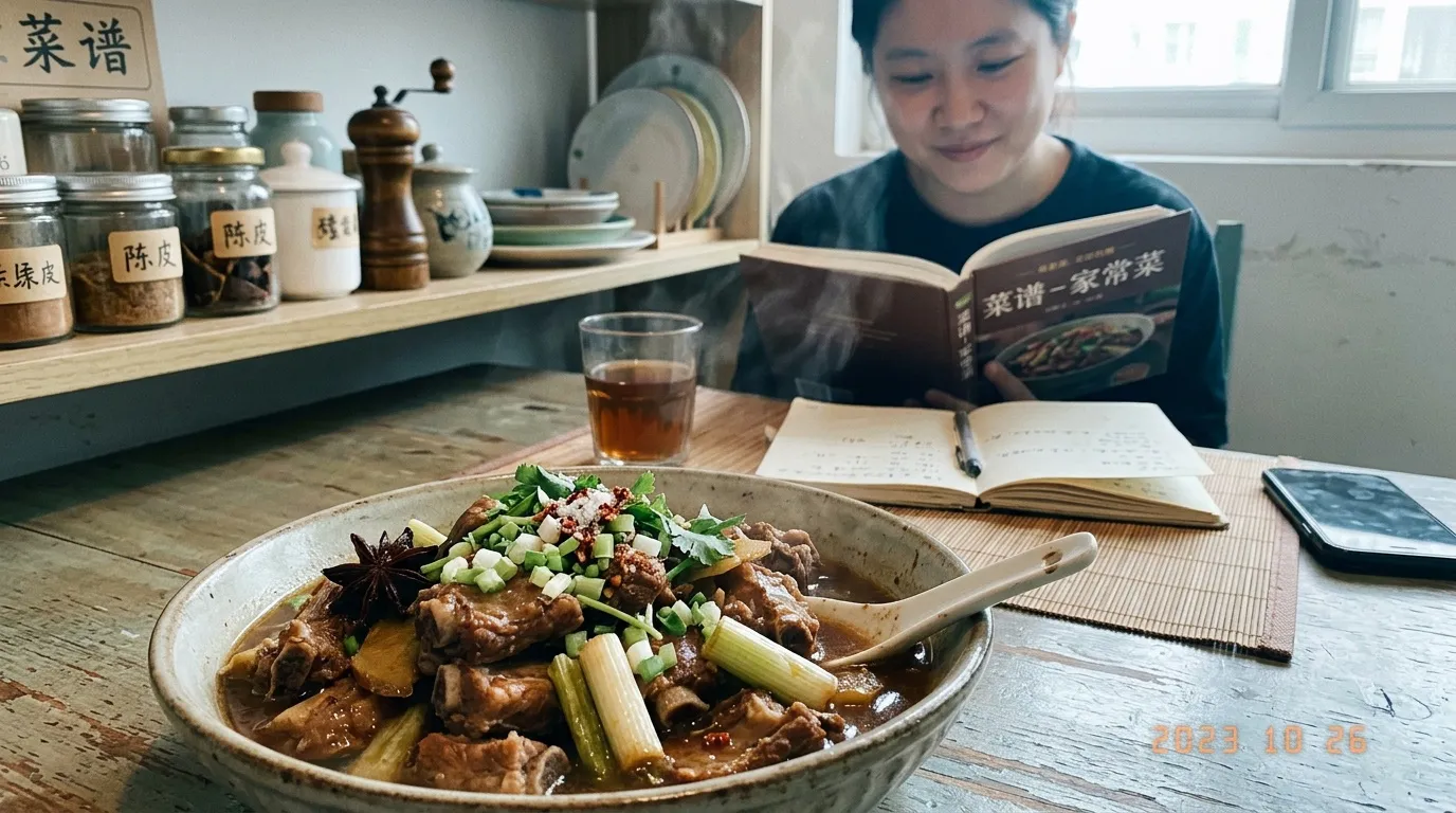 Femme lisant un livre de cuisine asiatique devant un plat