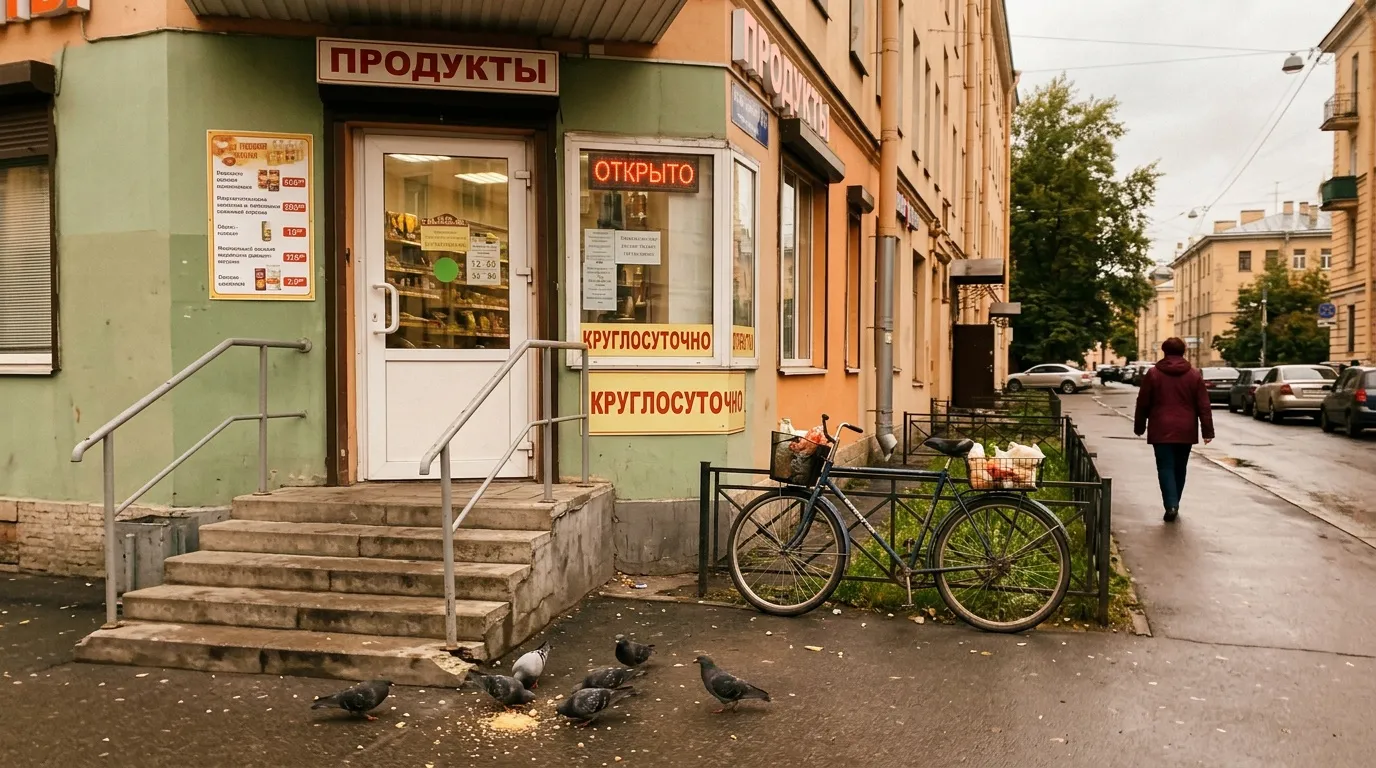 Épicerie russe ouverte avec vélo et pigeons devant