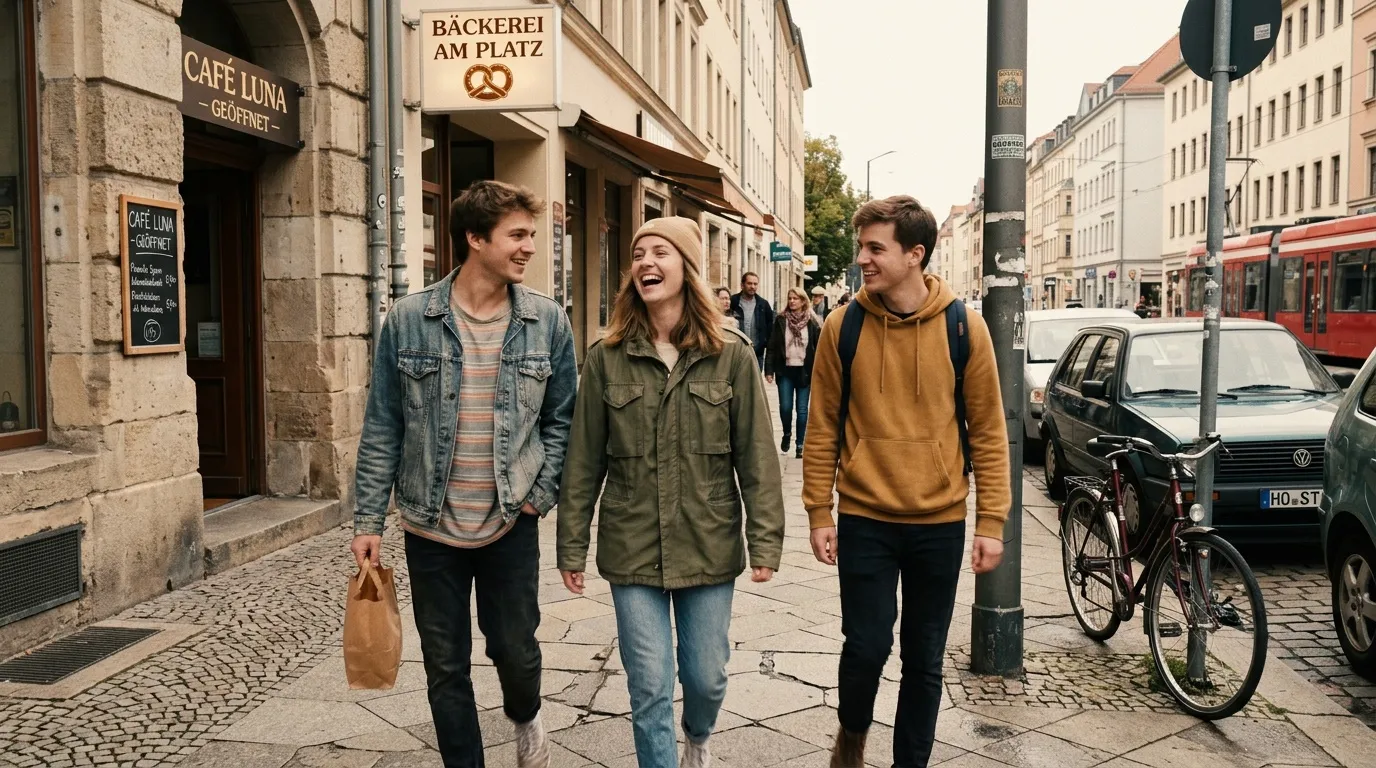 Trois jeunes amis marchent en riant dans une rue pavée européenne