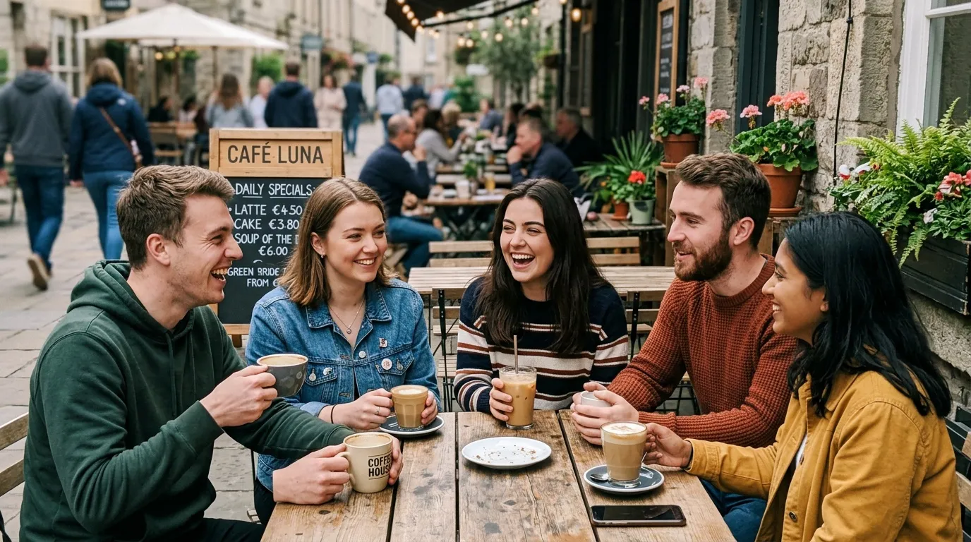 Groupe de cinq amis souriants autour d'une table de café en plein air