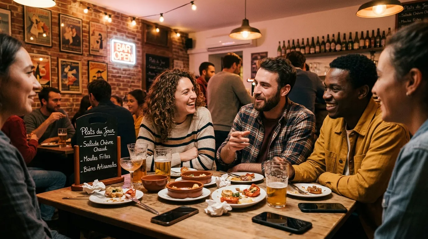 Groupe d'amis riant autour d'une table de restaurant