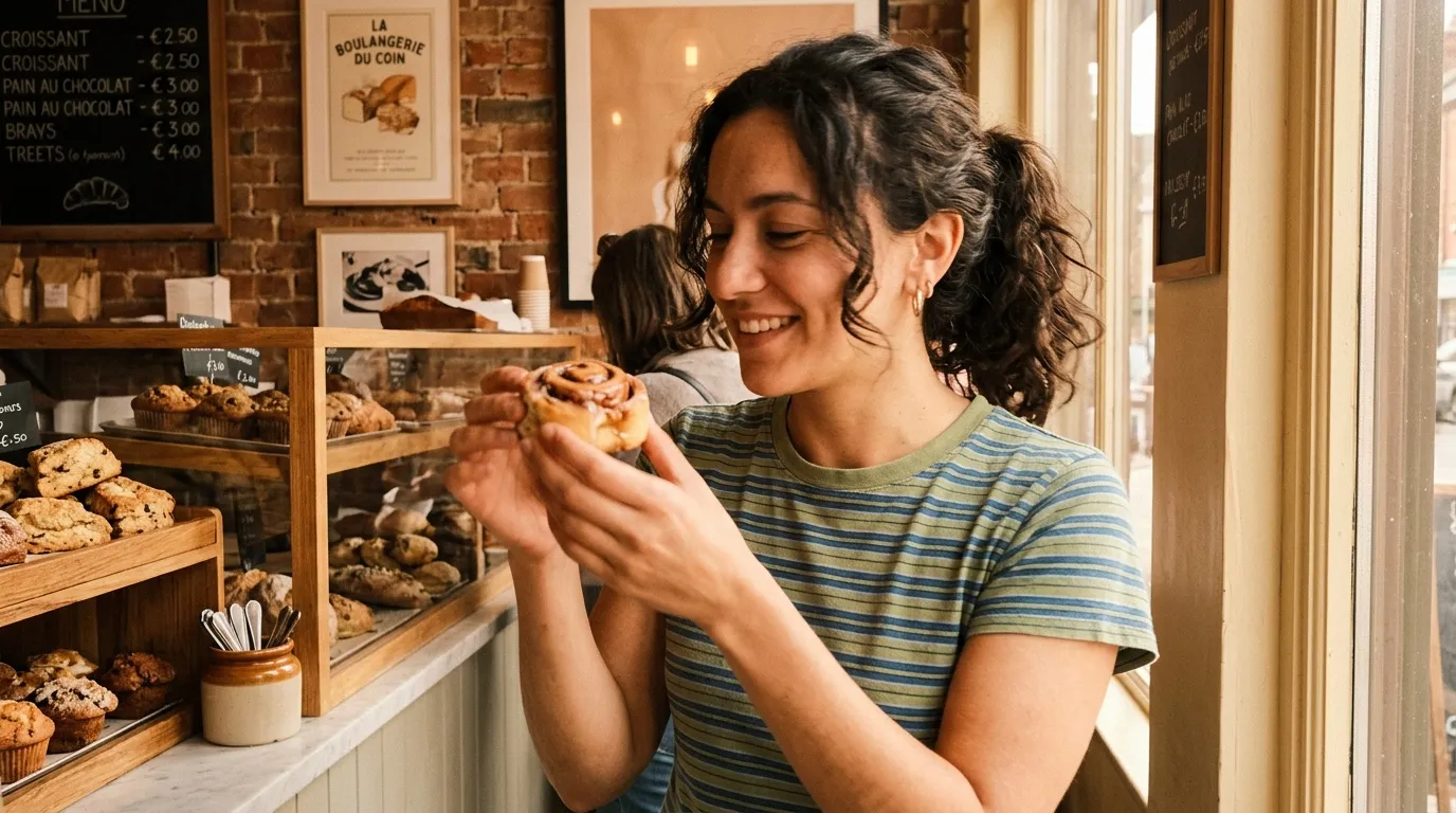 Femme souriante dégustant un croissant en boulangerie