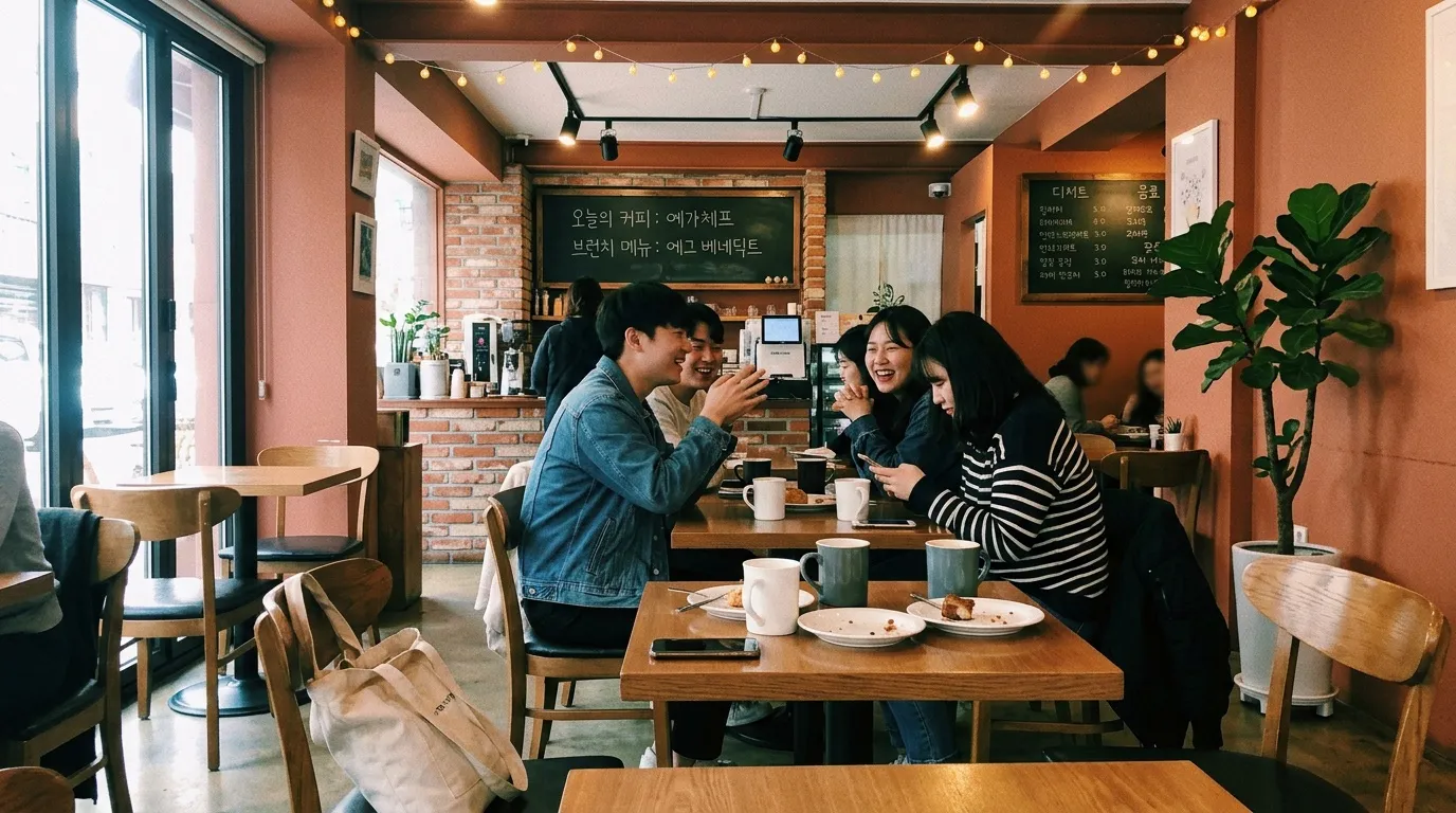 Groupe de jeunes amis souriants dans un café chaud orange