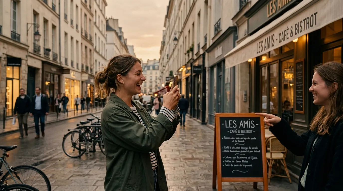 Deux femmes rient dans une rue parisienne devant un café.