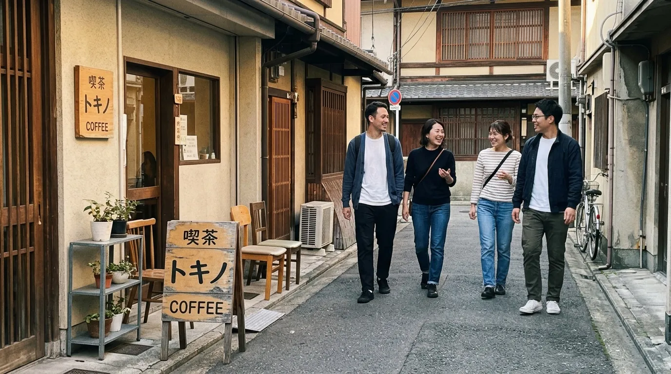 Quatre jeunes adultes marchent dans une ruelle japonaise historique.