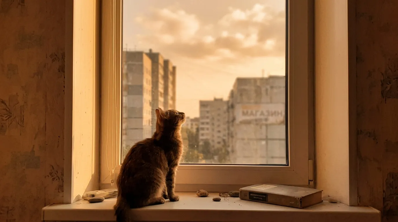 Chat roux assis sur un rebord de fenêtre, regardant la ville