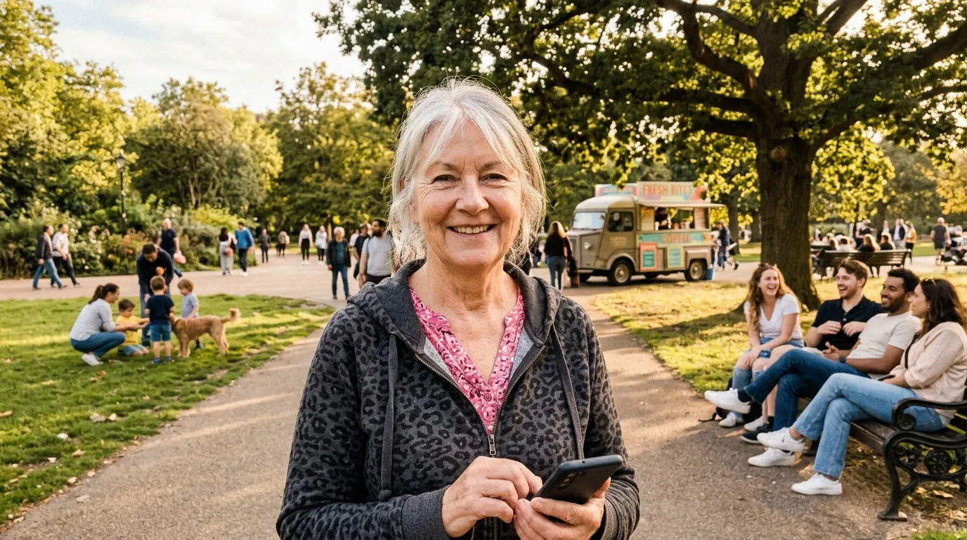 Femme âgée avec téléphone dans un parc animé