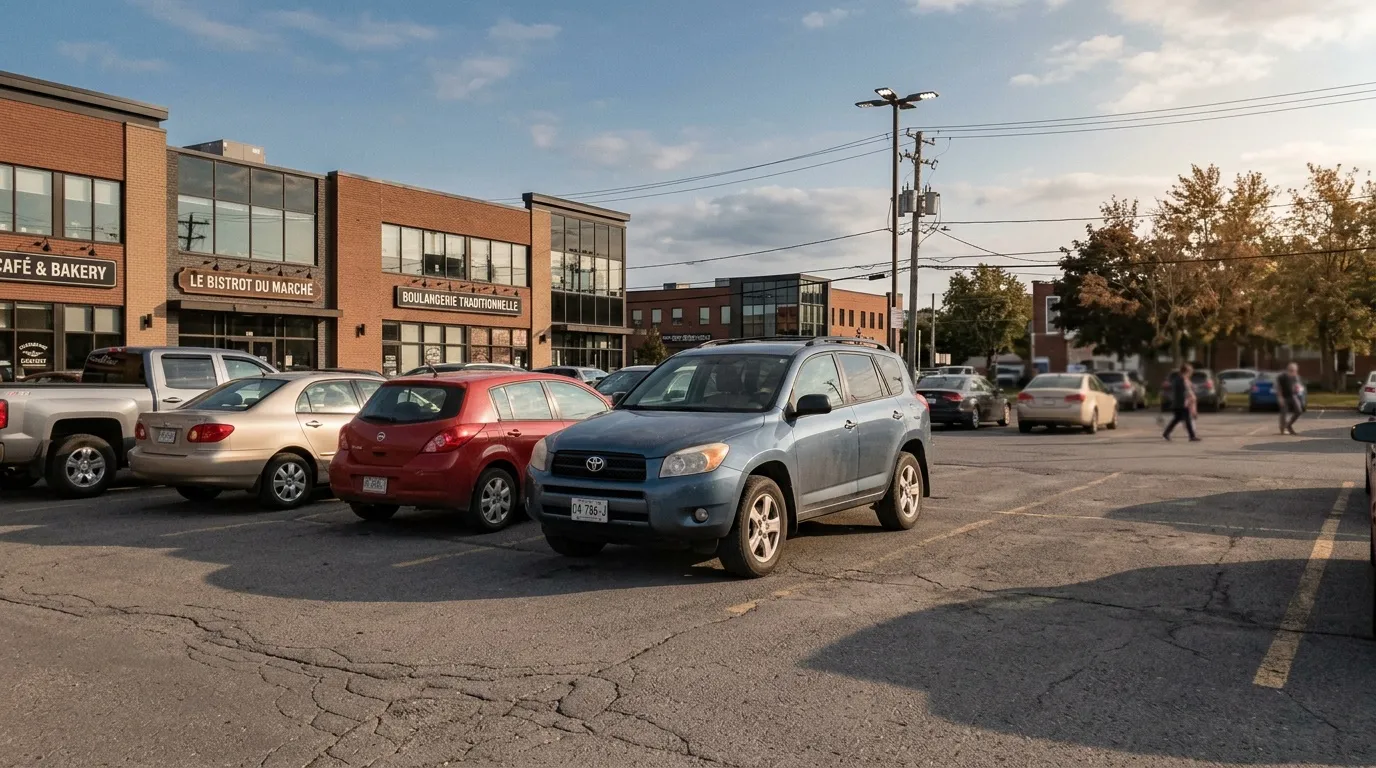 Voitures stationnées devant boulangerie et café sur rue
