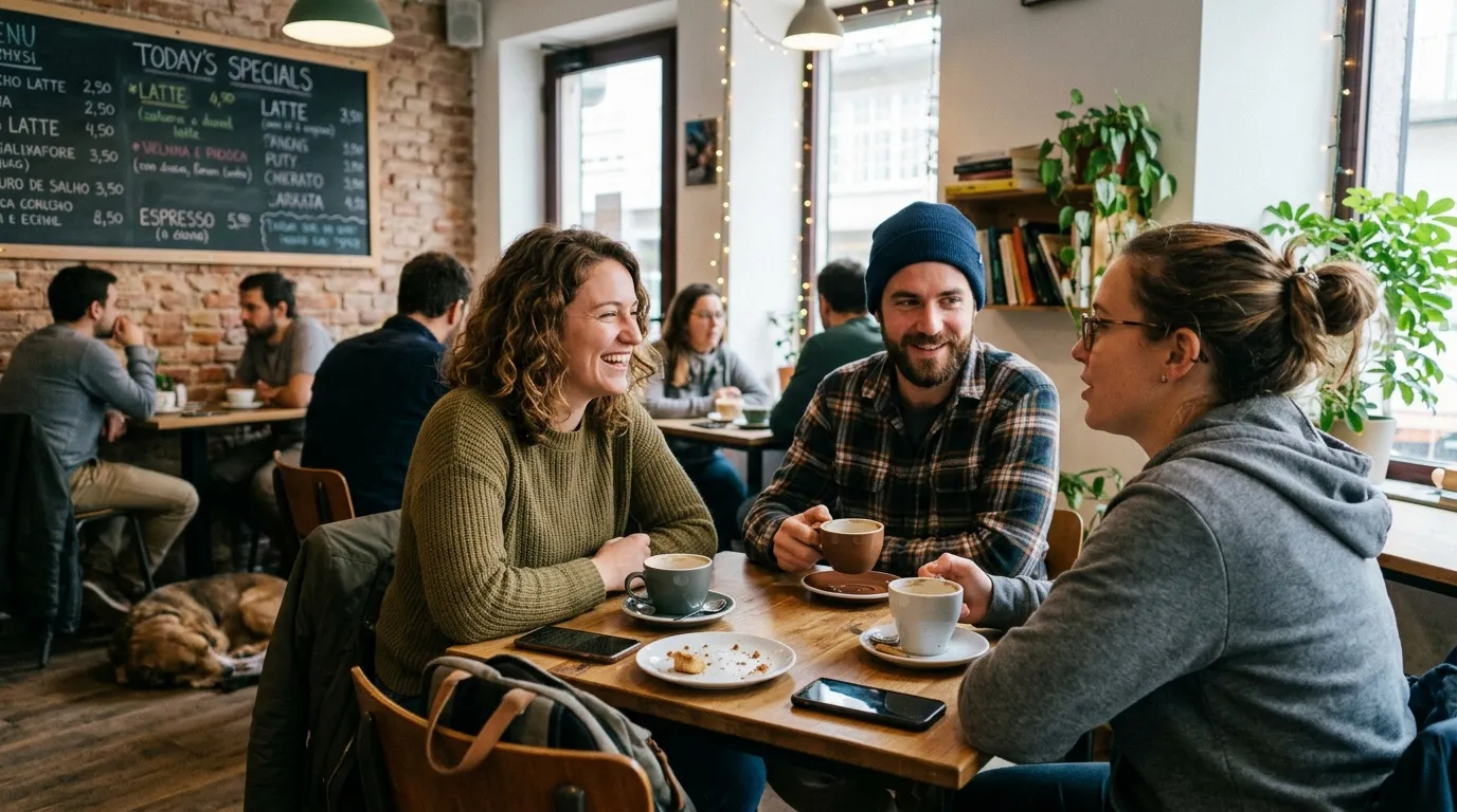 Trois personnes discutent autour d'un café dans un café cosy.