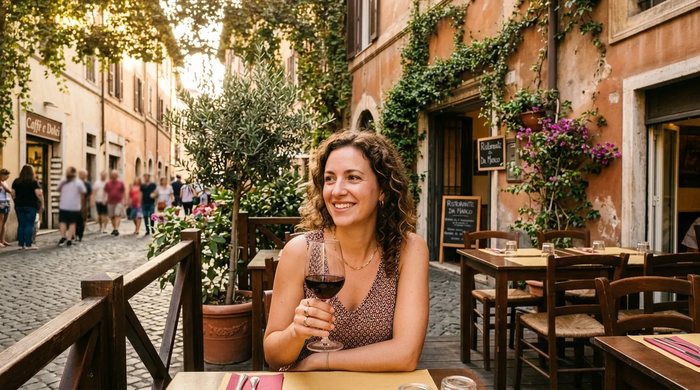 Femme souriante dégustant du vin en terrasse romaine