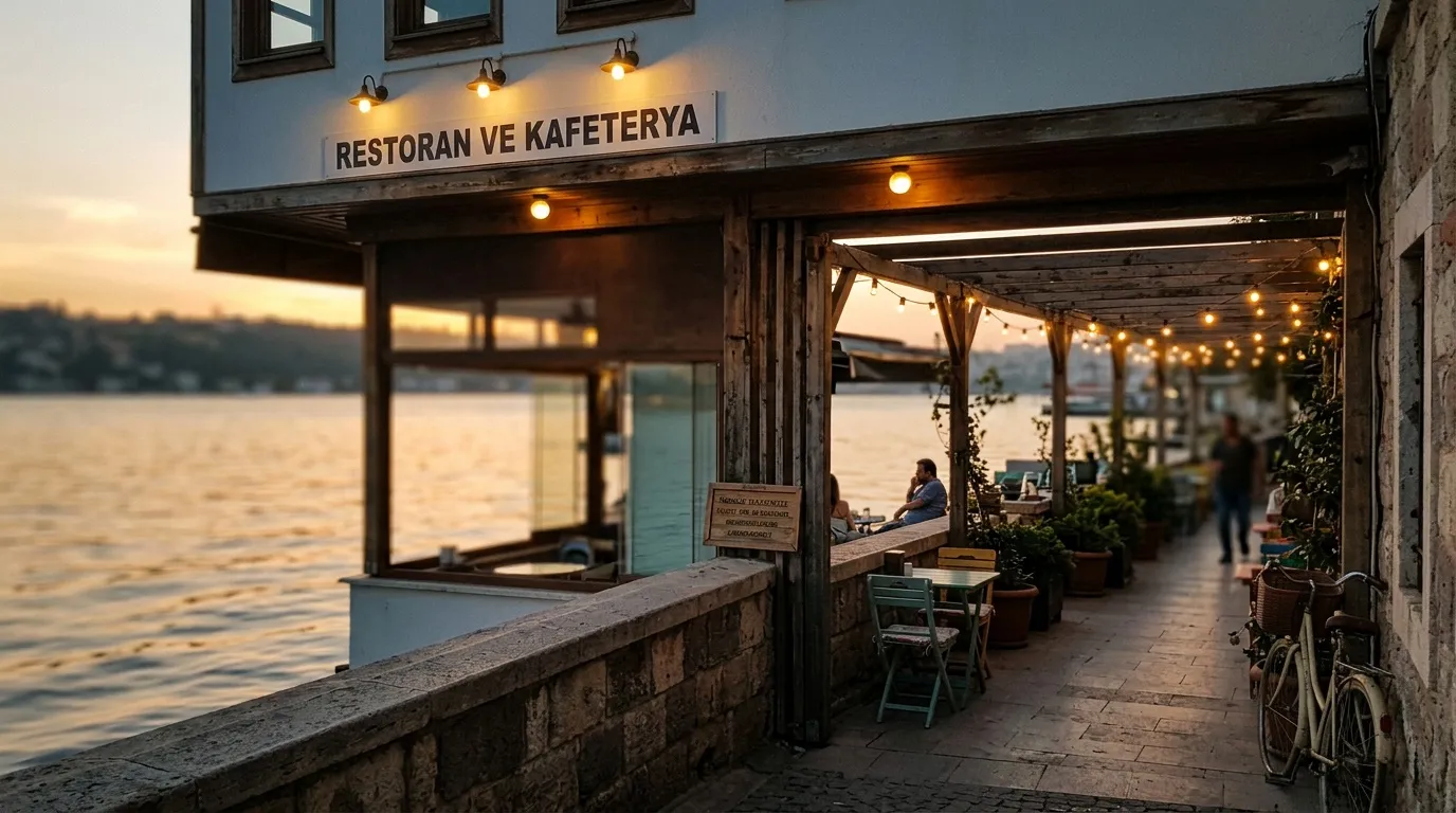 Restaurant café en bord d'eau avec terrasse éclairée au coucher soleil