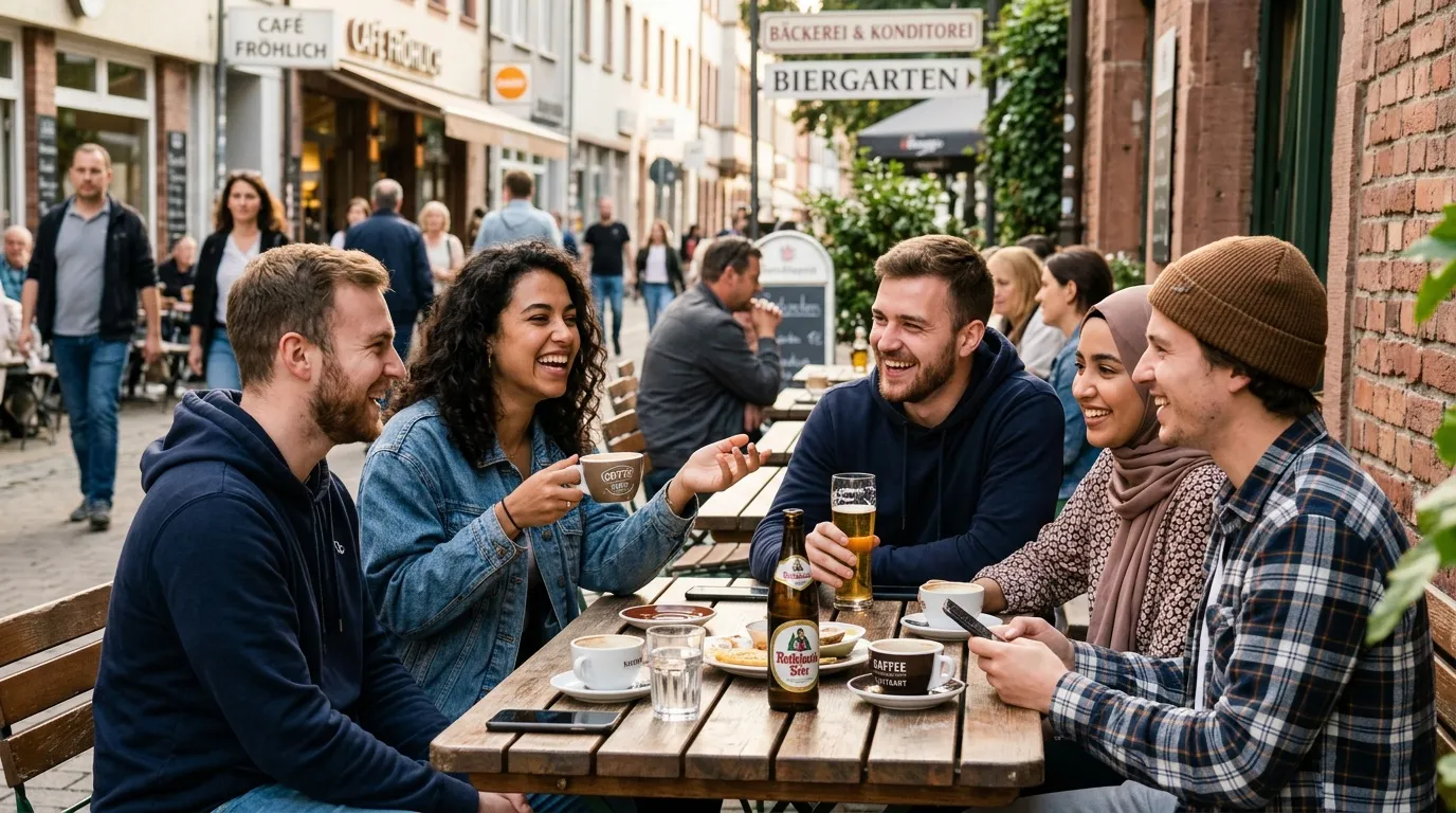 Groupe de jeunes amis riant à une terrasse de biergarten en Allemagne