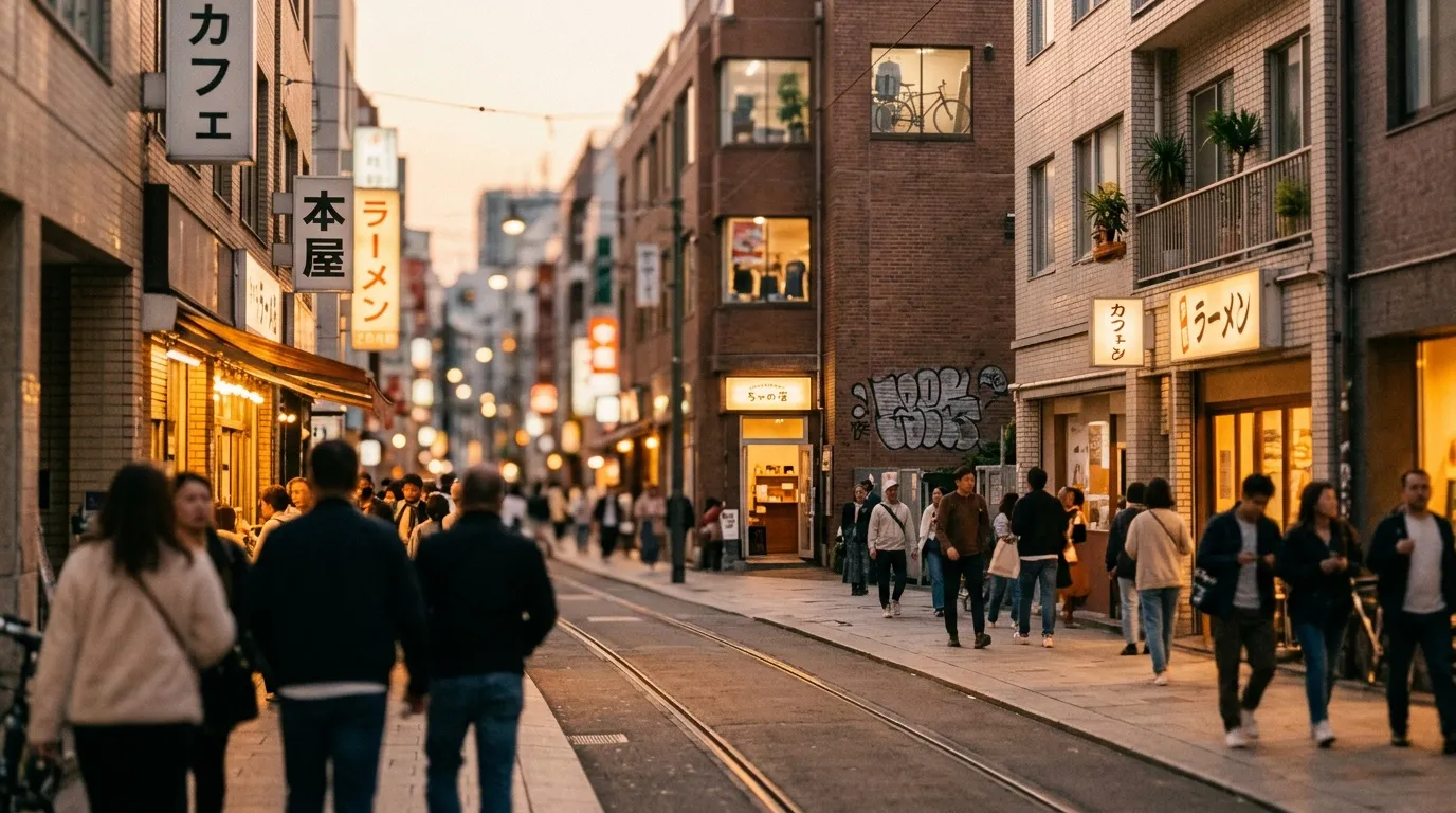 Rue animée avec commerces japonais illuminés et passants