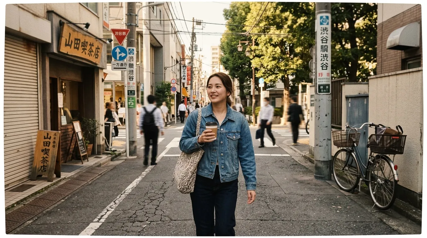 Femme souriante marchant dans une rue commerçante japonaise animée