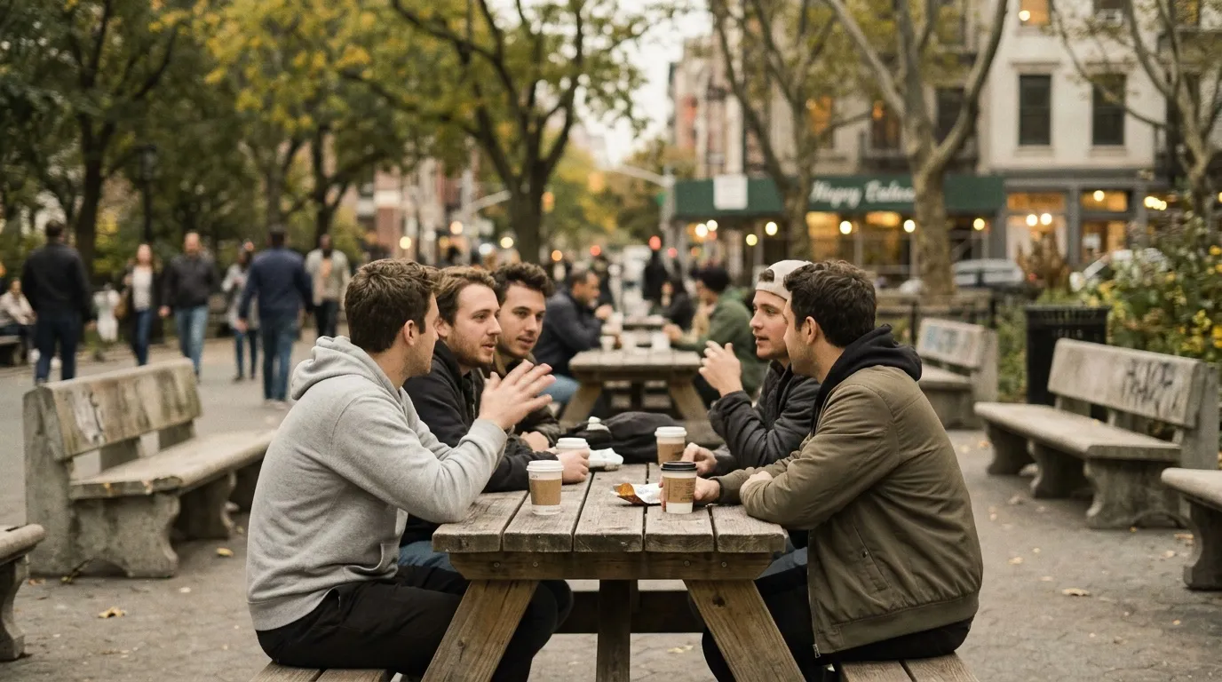 Cinq jeunes hommes discutent autour d'une table en bois en terrasse