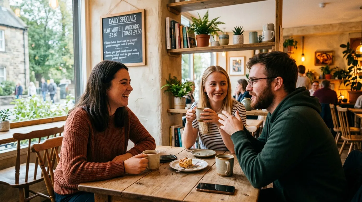 Trois jeunes gens discutent joyeusement dans un café chaleureux