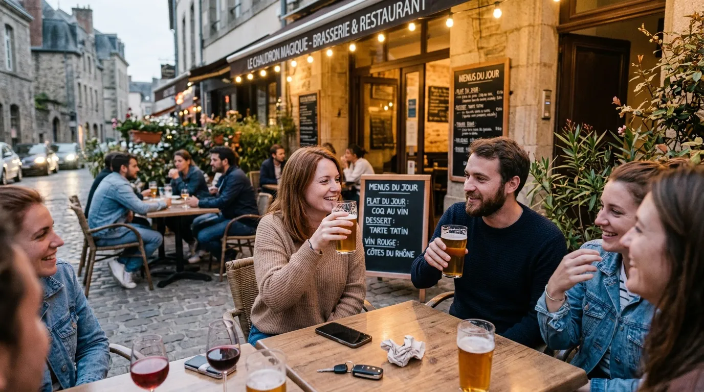 Amis riant autour d'une table de brasserie parisienne le soir