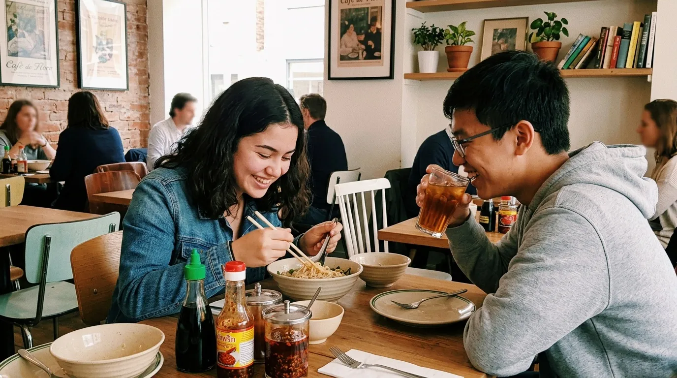 Deux jeunes personnes mangent ensemble dans un café animé
