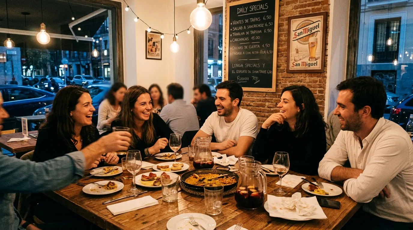 Groupe de personnes dînant et riant autour d'une table
