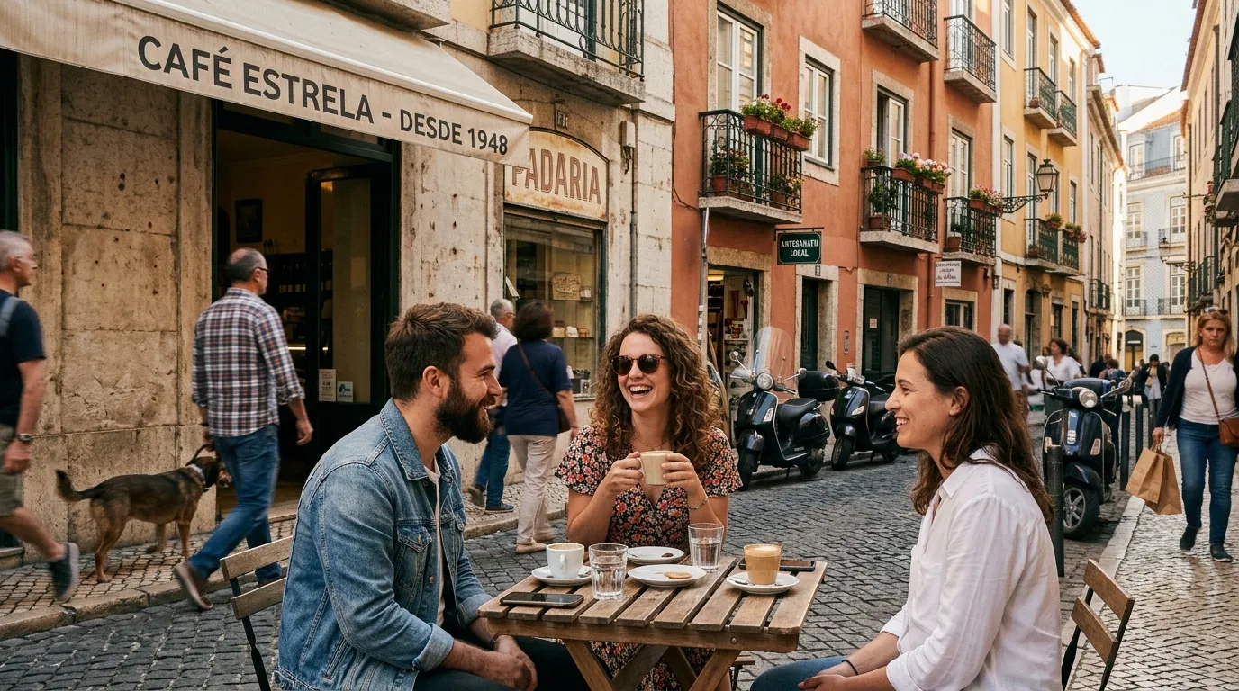 Trois amis prennent un café en terrasse dans une rue pavée portugaise
