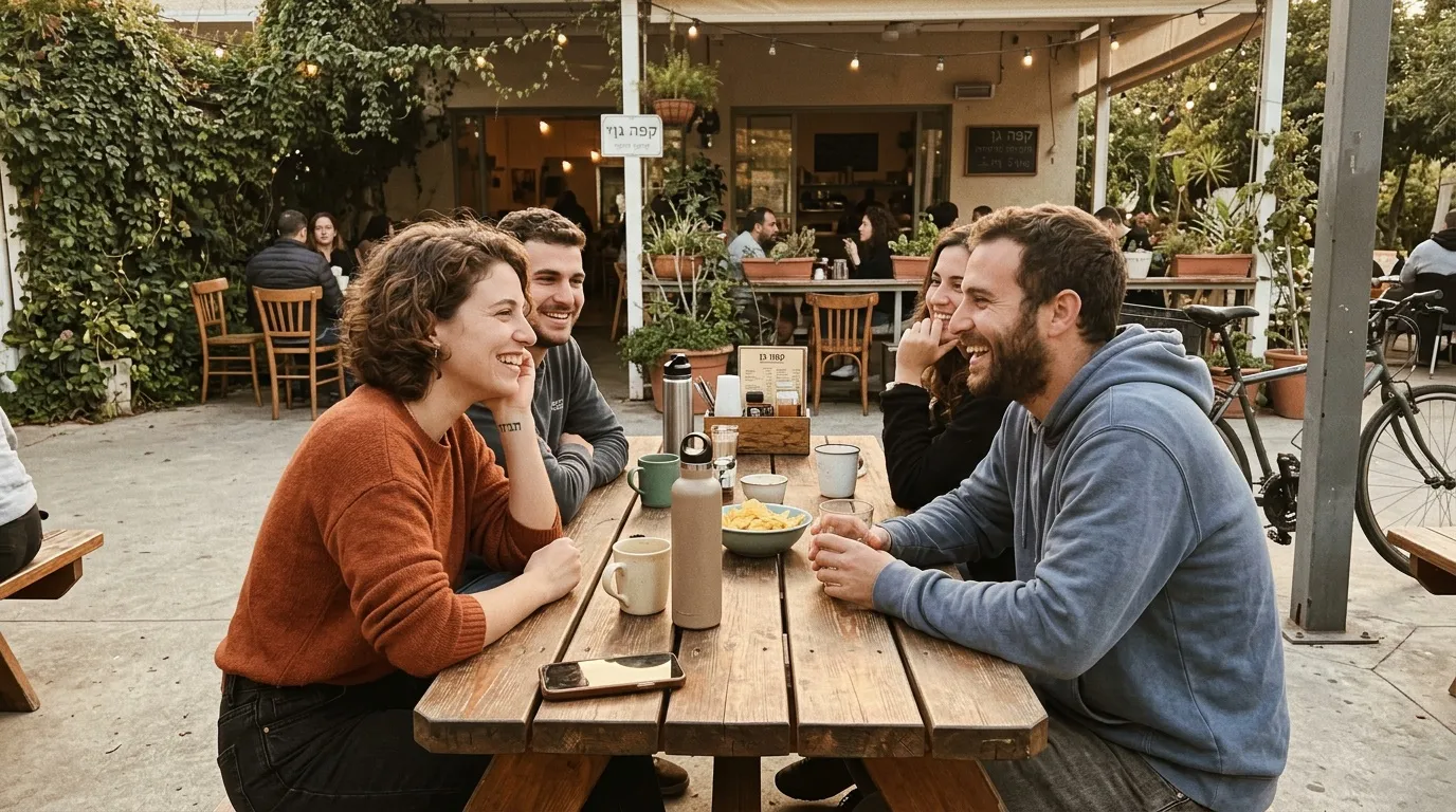 Quatre jeunes gens sourient autour d'une table en bois