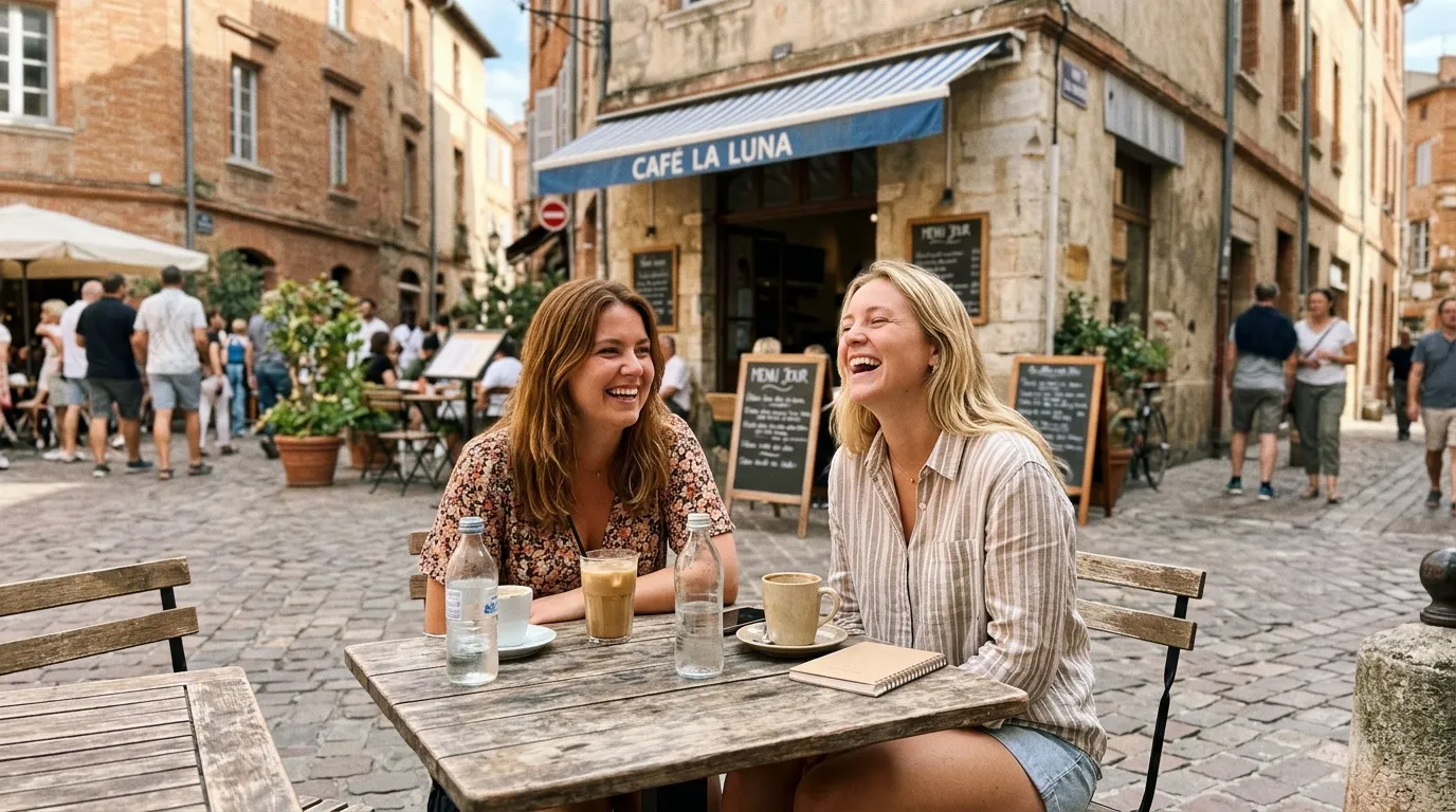Deux femmes rient à une terrasse de café italien.