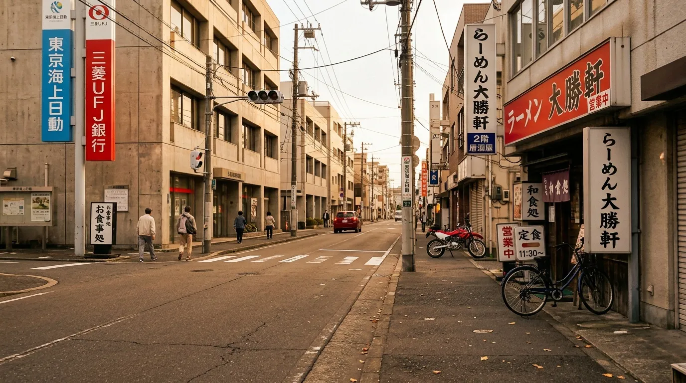 Rue piétonne japonaise avec commerces et bâtiments résidentiels