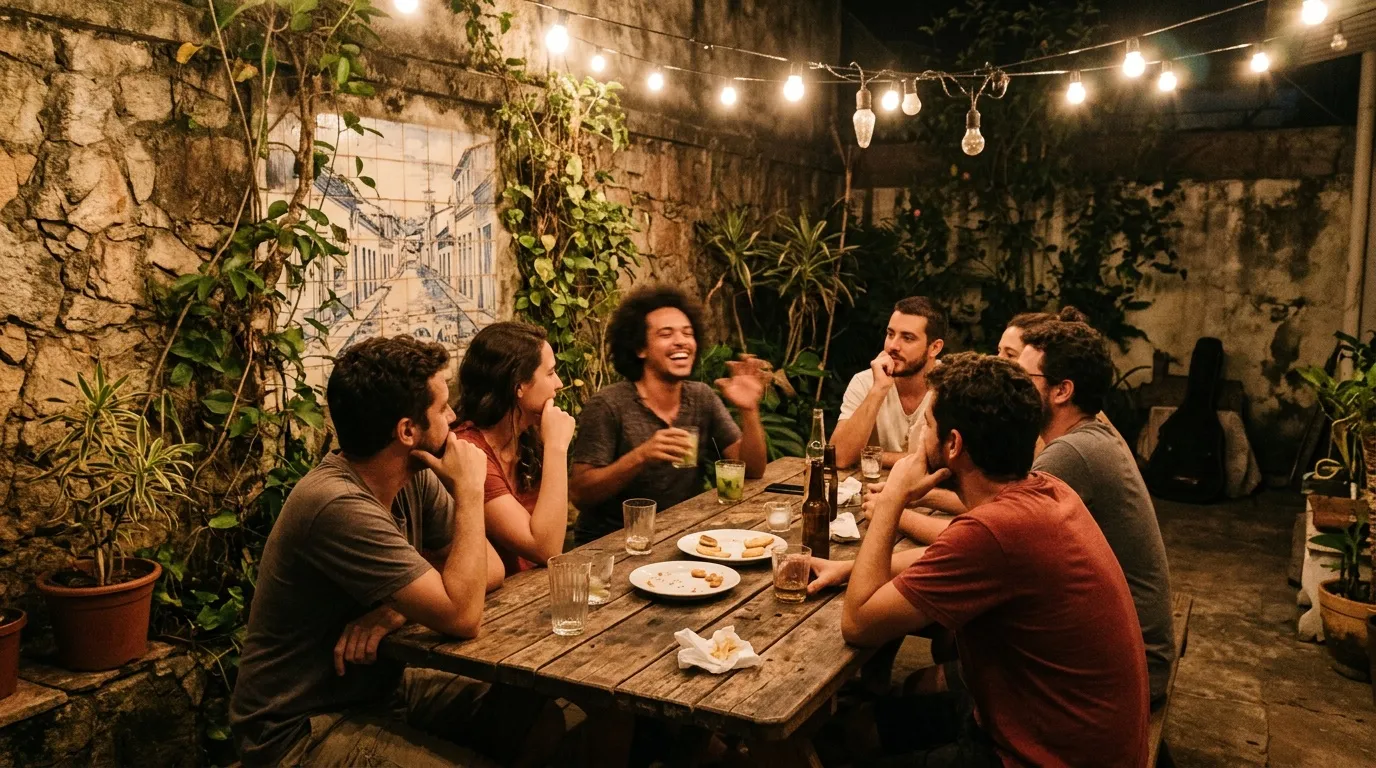 Groupe d'amis riant autour d'une table dans une cour v&eacute;g&eacute;talis&eacute;e