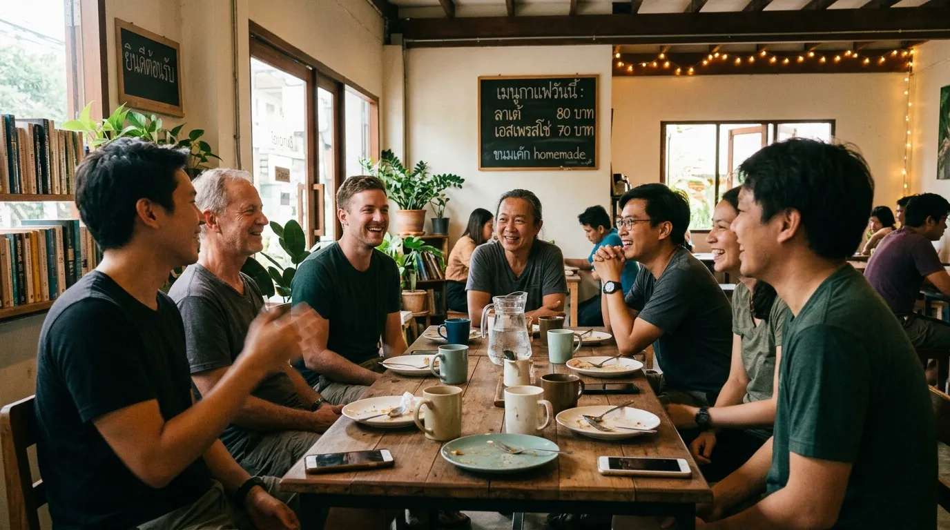 Groupe de personnes partageant un repas autour d'une table en bois
