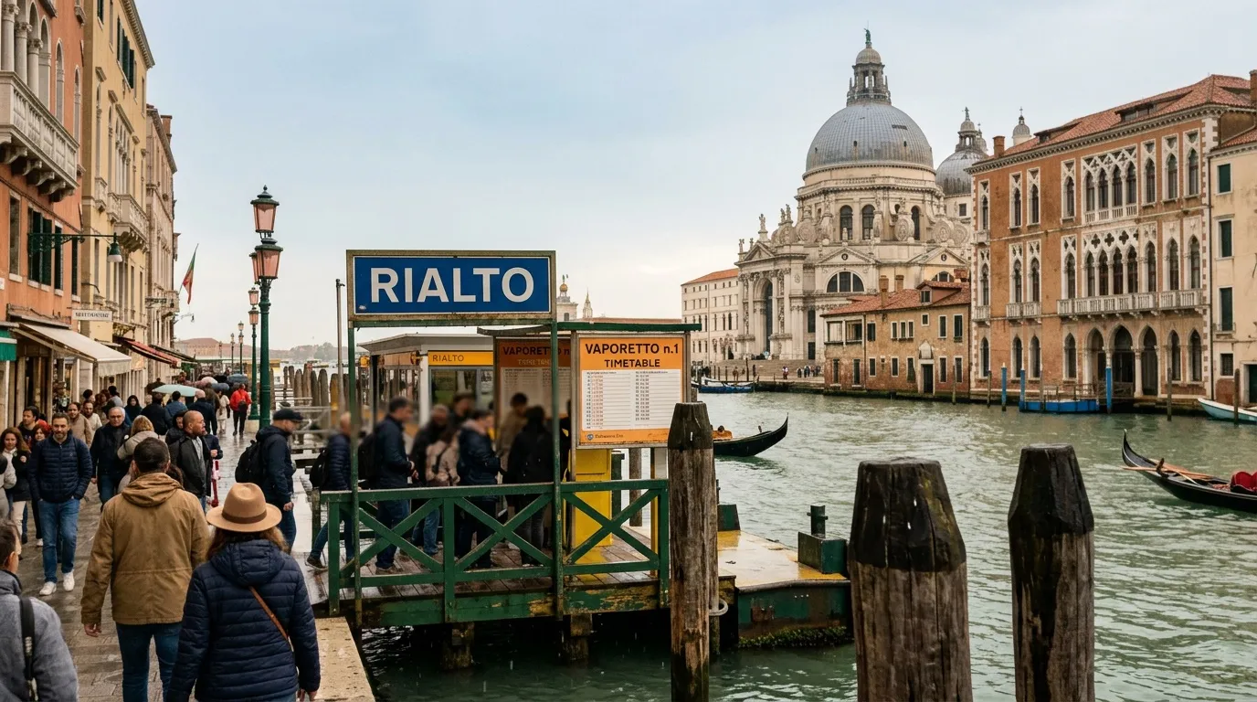 Station Rialto &agrave; Venise avec gondoles et basilique en arri&egrave;re-plan