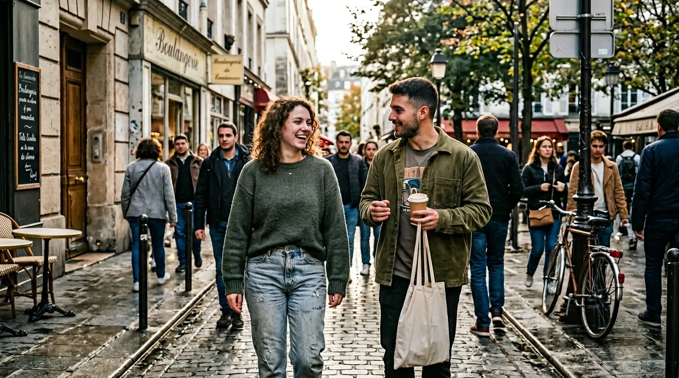 Couple souriant marchant dans une rue pav&eacute;e parisienne
