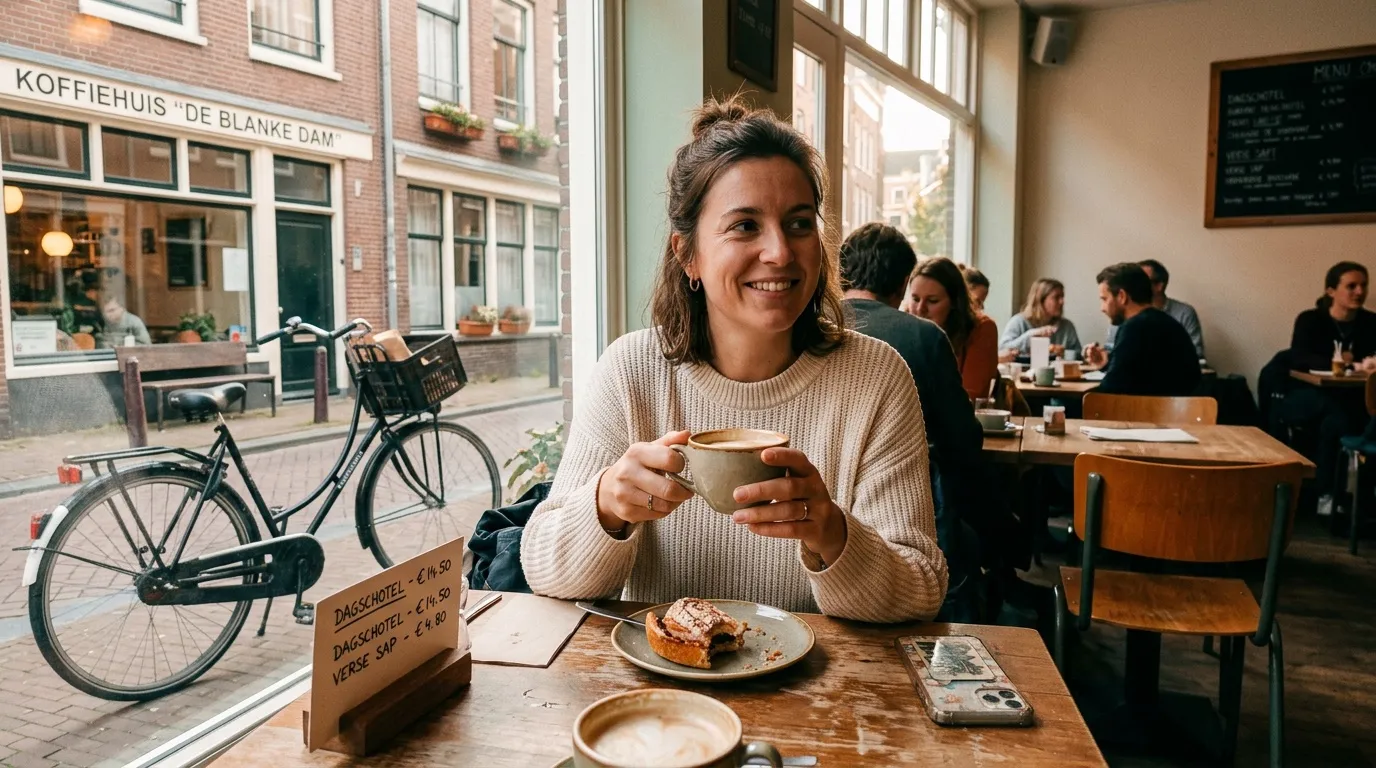 Femme souriante avec caf&eacute; dans un caf&eacute; n&eacute;erlandais