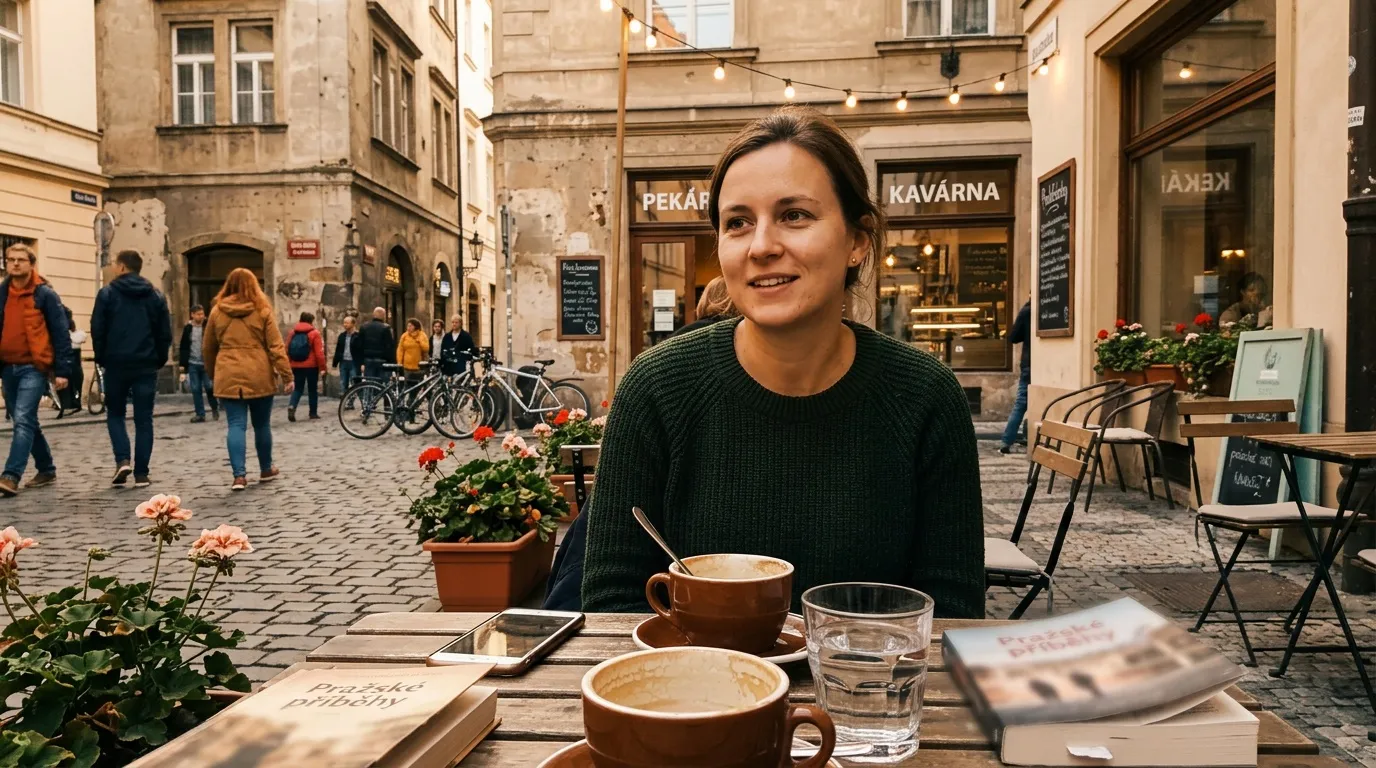 Femme souriante prenant un caf&eacute; en terrasse de quartier historique