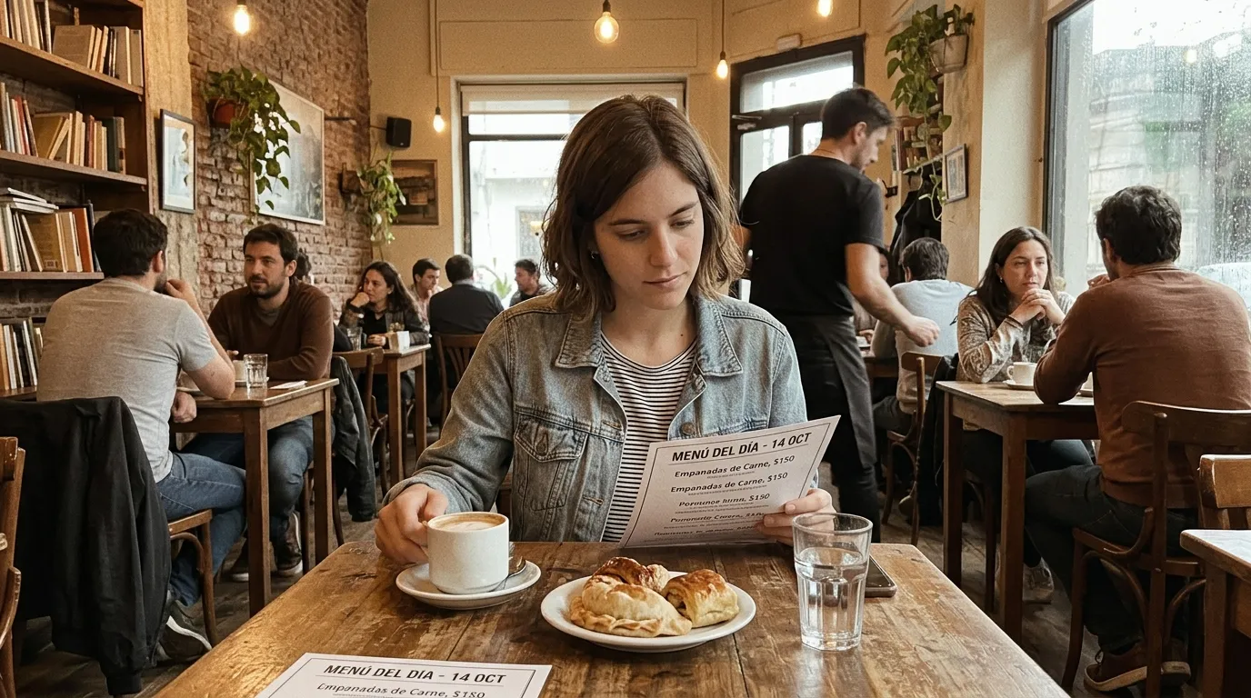 Femme lisant menu dans caf&eacute; anim&eacute; avec clients