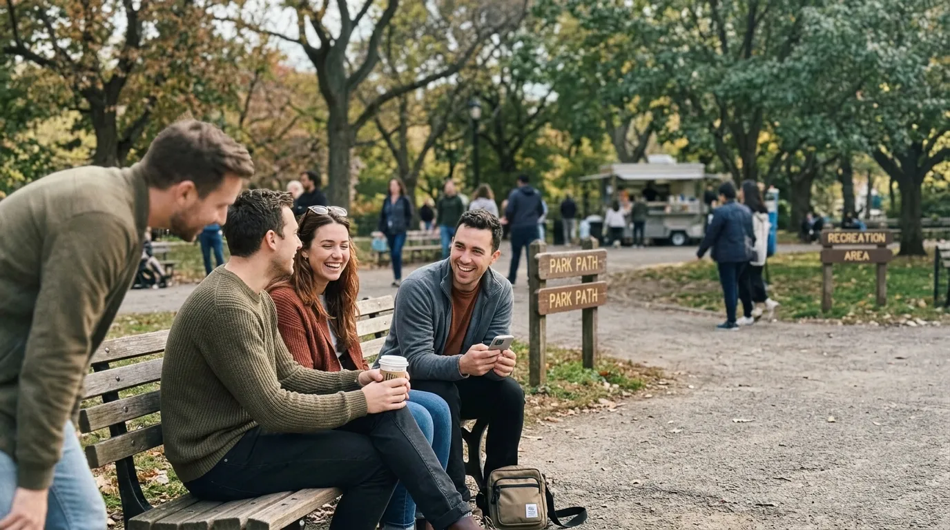Groupe de personnes assises sur banc public parc automne