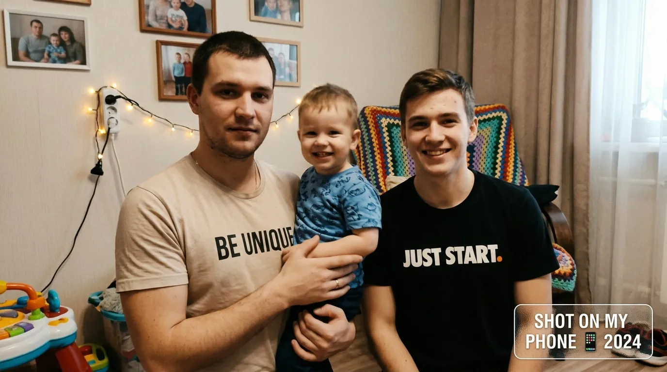 Trois hommes et un enfant souriants dans un salon
