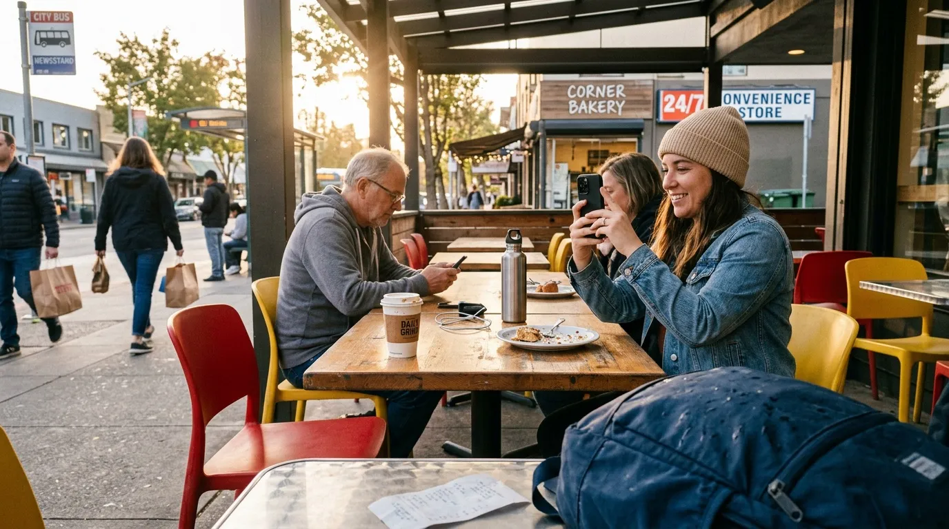 Trois personnes rient en prenant un caf&eacute; en terrasse couverte.