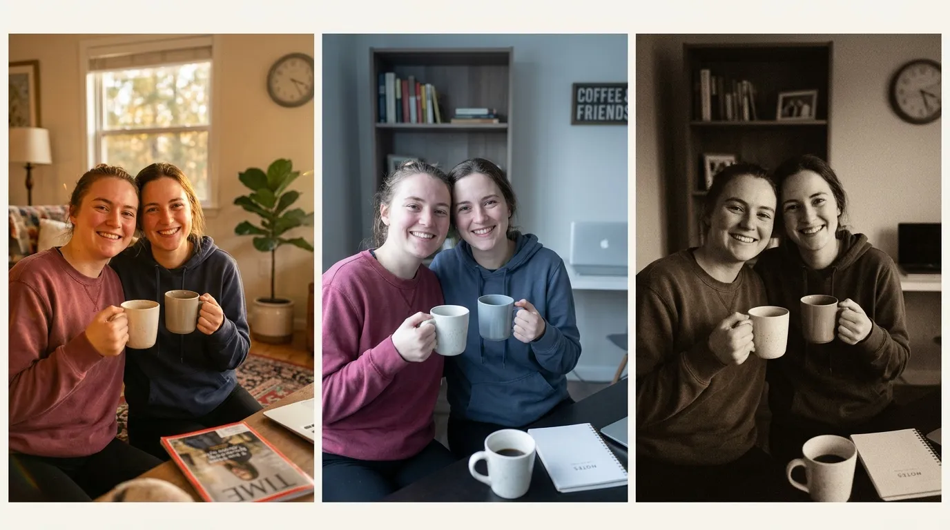 Trois photos de deux jeunes filles buvant du caf&eacute; et souriant.