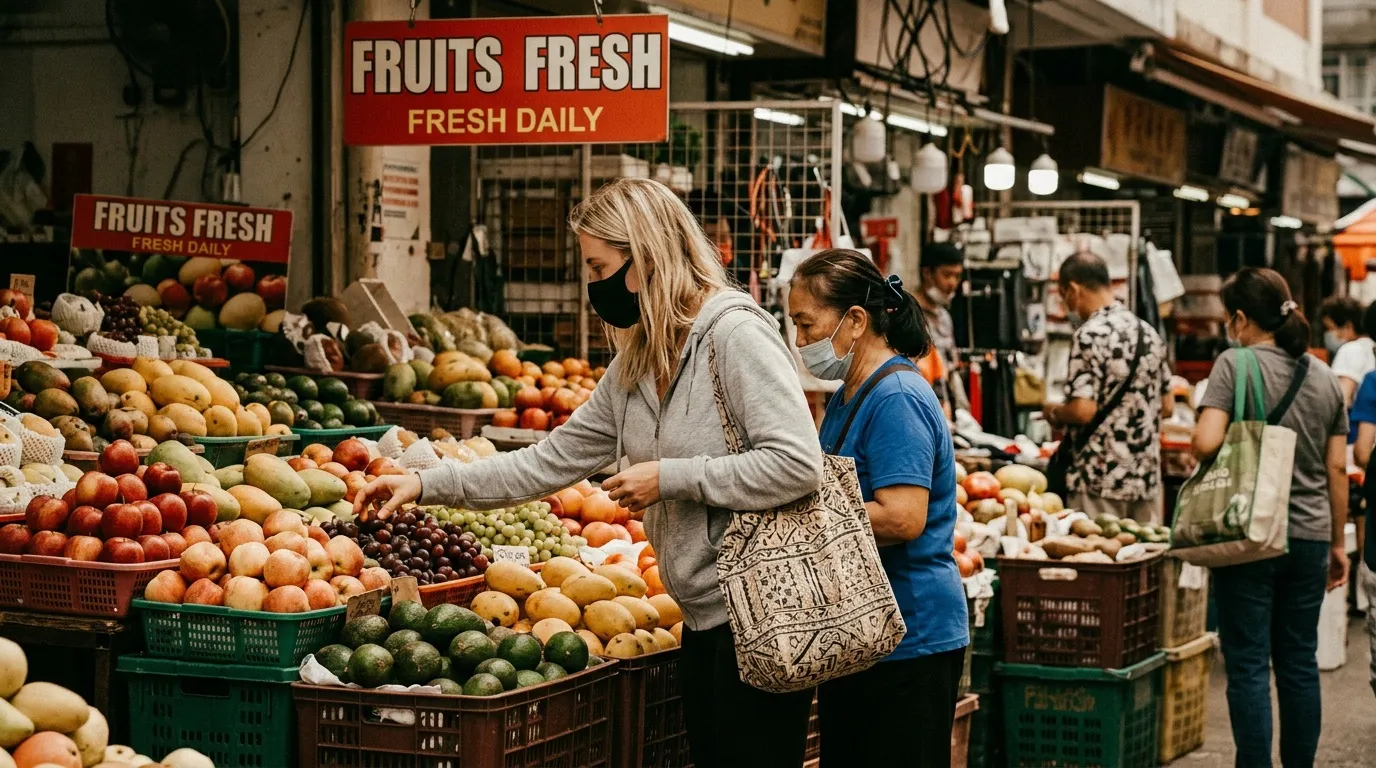 Femmes achetant fruits frais march&eacute; couvert color&eacute;