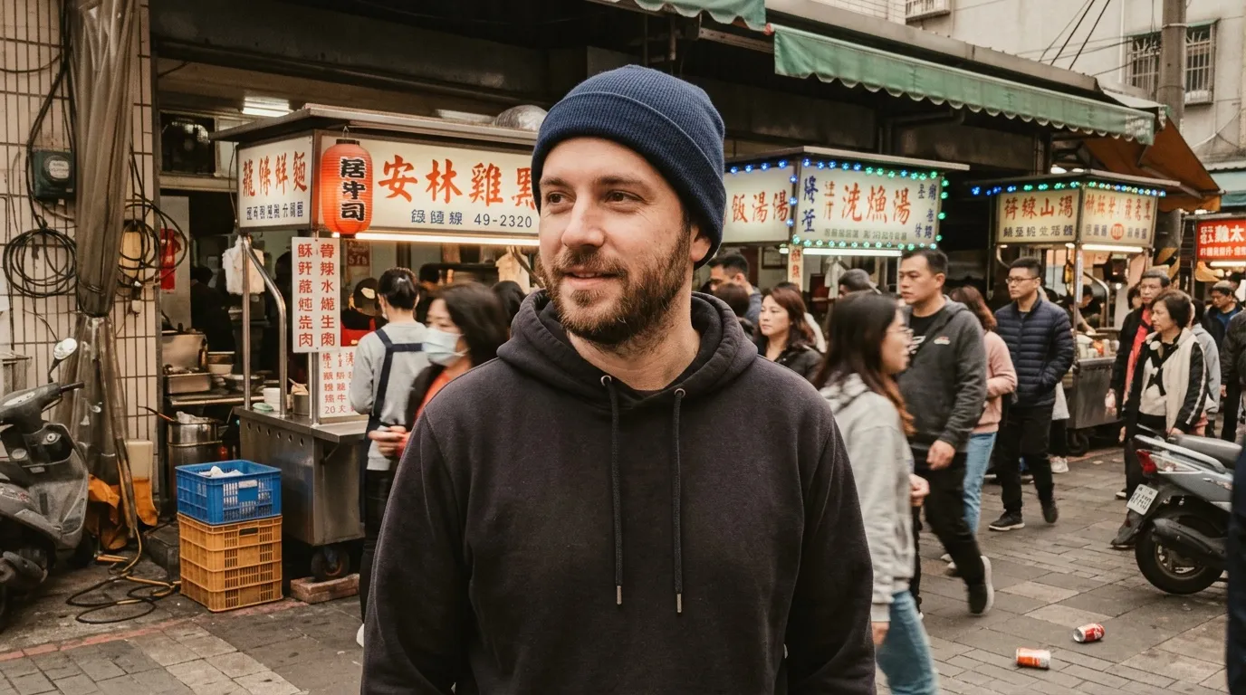 Homme en hoodie noir dans un march&eacute; bond&eacute; avec enseignes chinoises