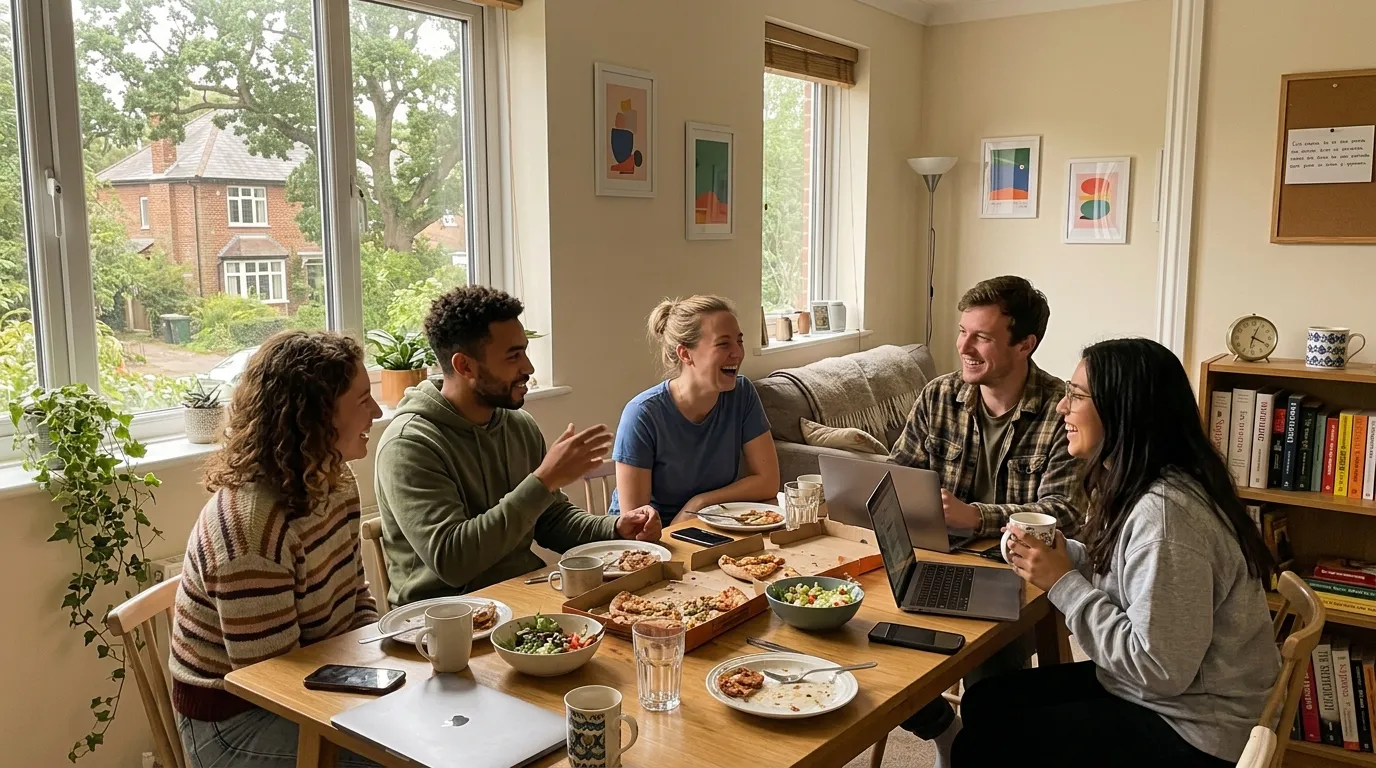 Cinq personnes partagent un repas autour d'une table avec laptops
