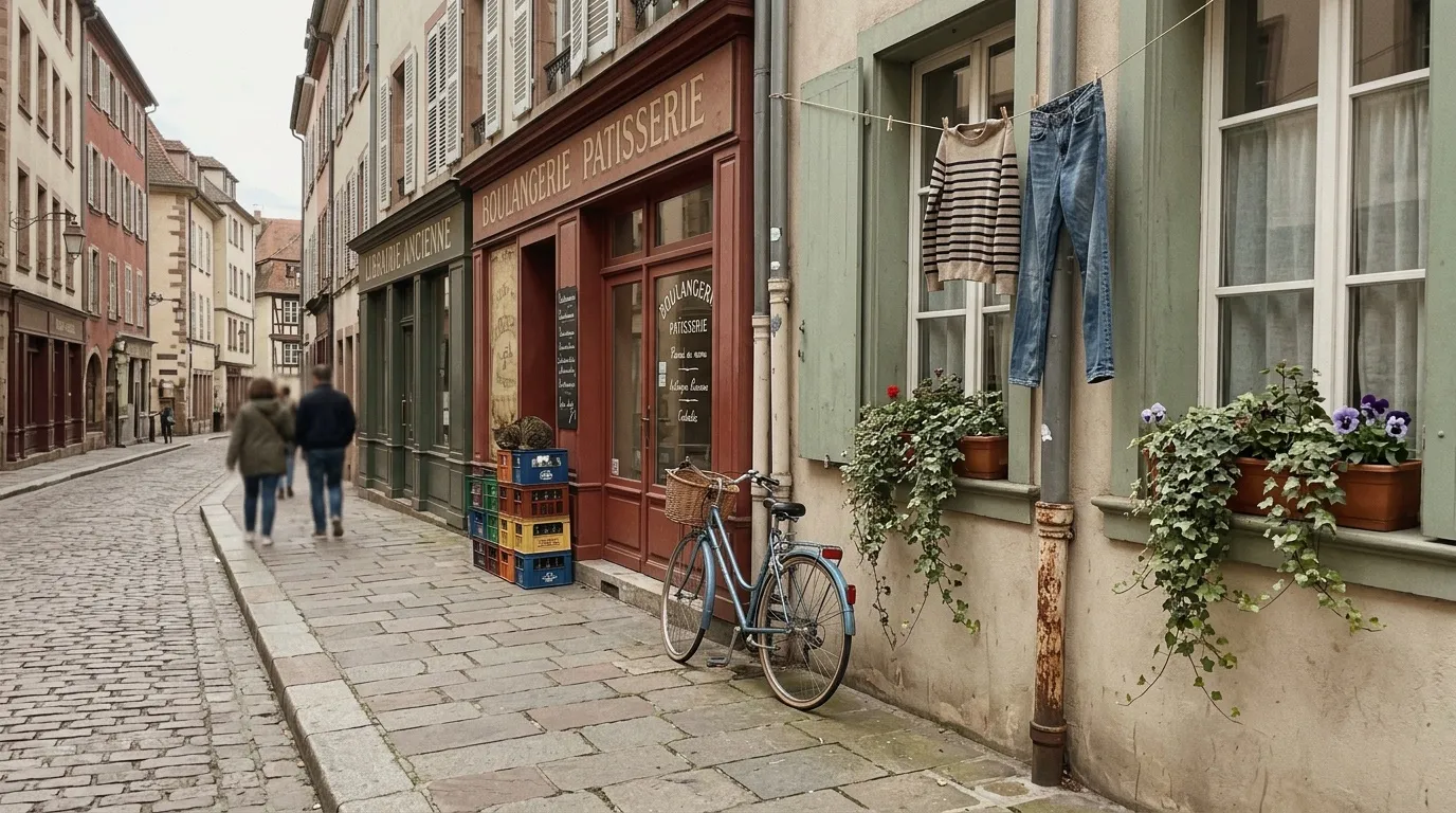 Rue pav&eacute;e europ&eacute;enne avec boulangerie, v&eacute;lo et fleurs