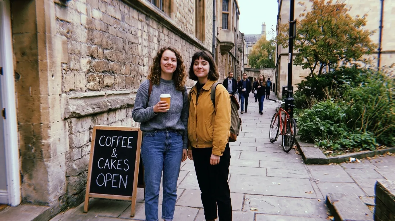 Deux jeunes femmes devant un caf&eacute; dans une vieille rue pav&eacute;e