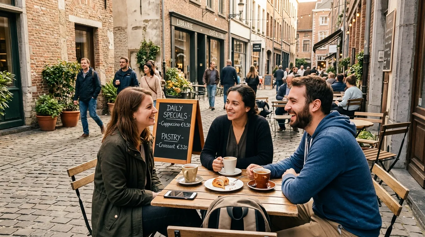 Trois amis discutent autour d'un caf&eacute; en terrasse de rue pav&eacute;e