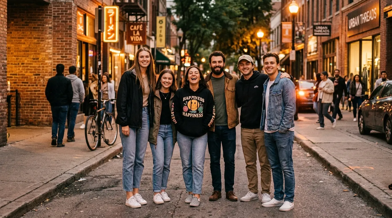 Six jeunes amis souriants posent ensemble dans une rue pav&eacute;e illumin&eacute;e.