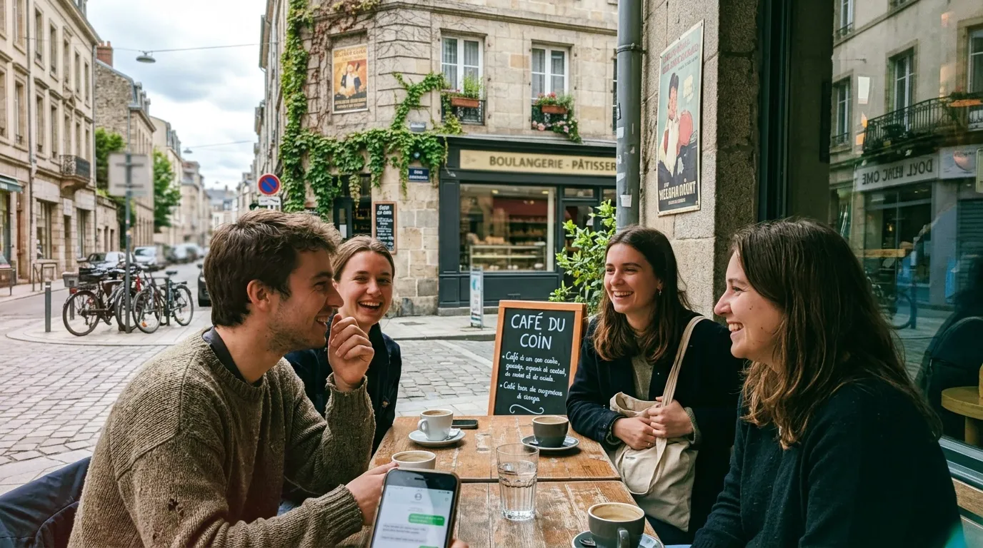 Quatre jeunes gens discutent autour d'une table de caf&eacute; &agrave; Paris