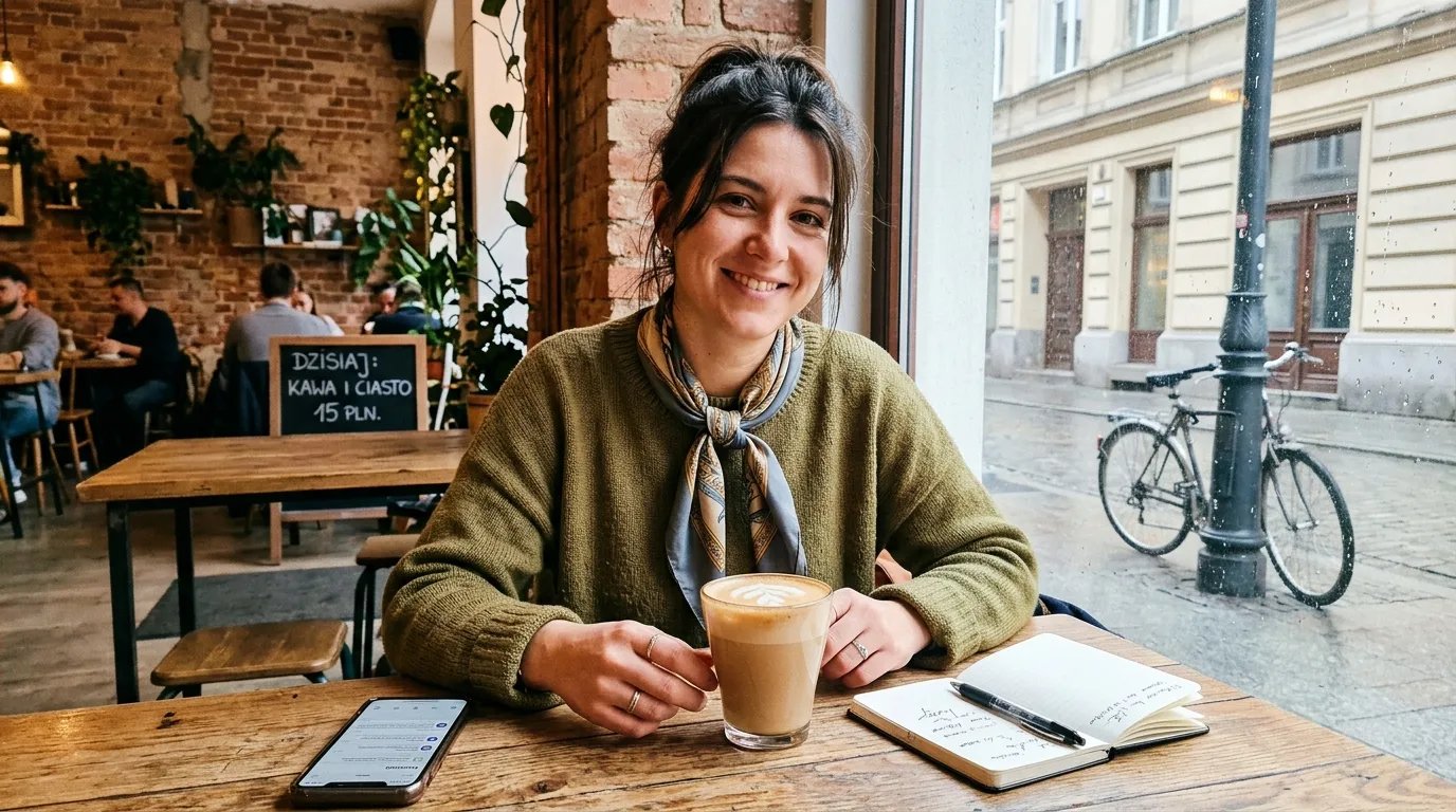 Jeune femme souriante avec caf&eacute; en terrasse de caf&eacute;