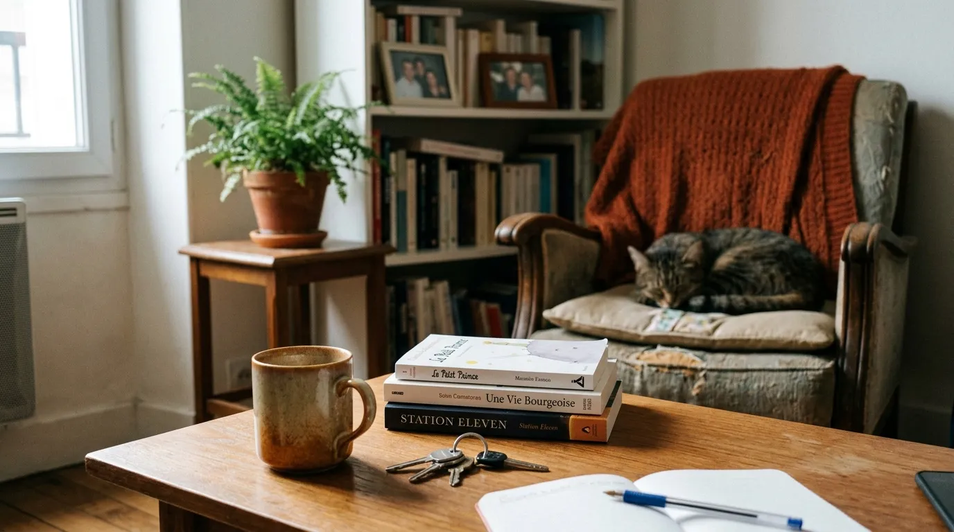 Bureau avec livres, caf&eacute; et chat endormi sur fauteuil